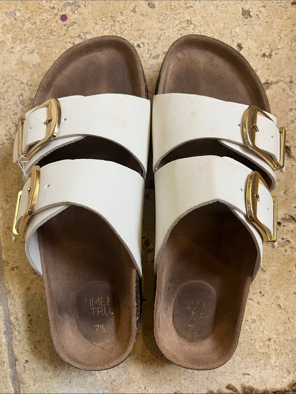 Time and Tru White Double Buckle Slide Sandals with Gold Hardware